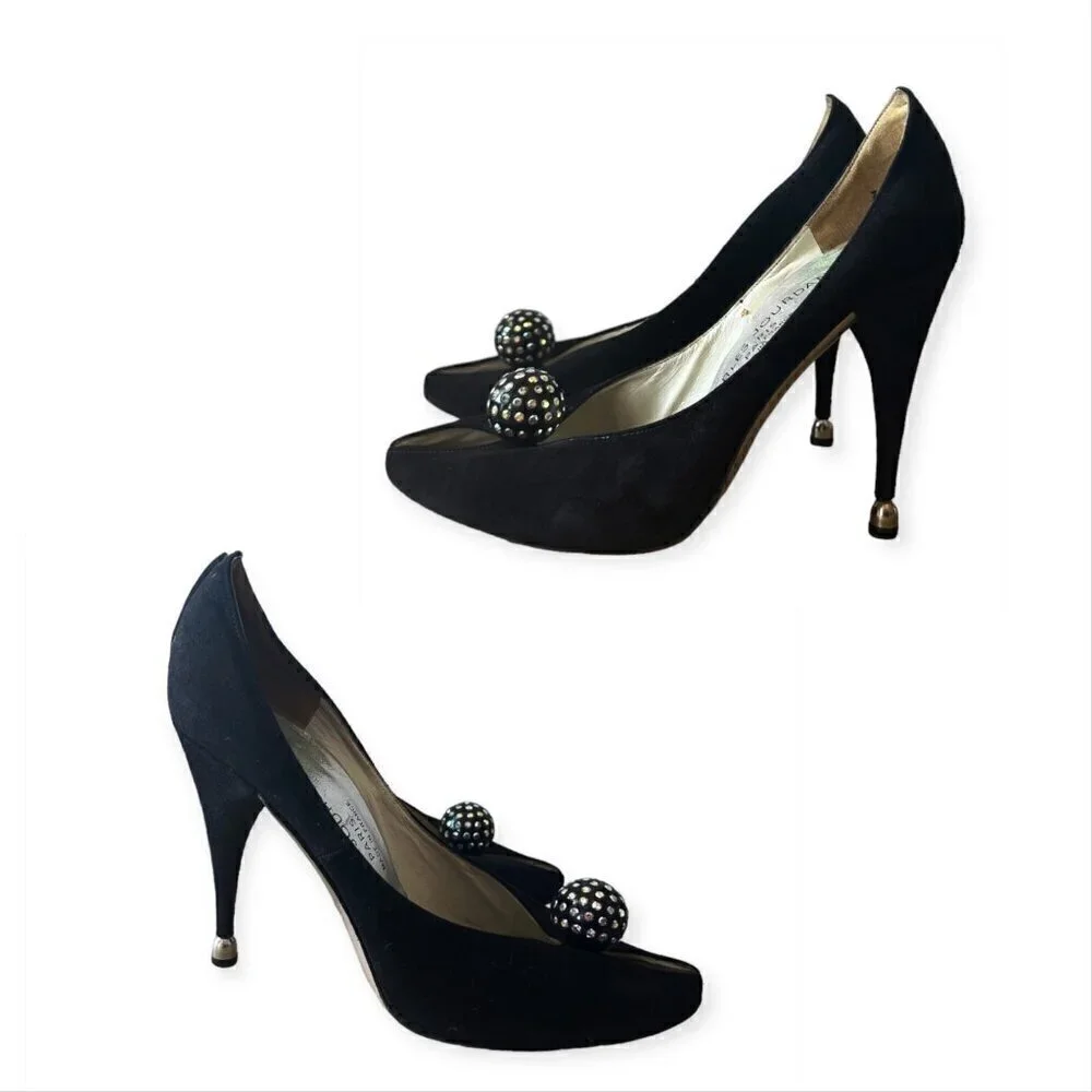 Vintage Charles Jourdan‎ Black Suede Heel with Rhinestone Ball. Size 7 2A